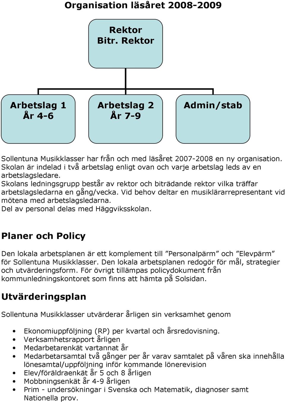 Skolans ledningsgrupp består av rektor och biträdande rektor vilka träffar arbetslagsledarna en gång/vecka. Vid behov deltar en musiklärarrepresentant vid mötena med arbetslagsledarna.