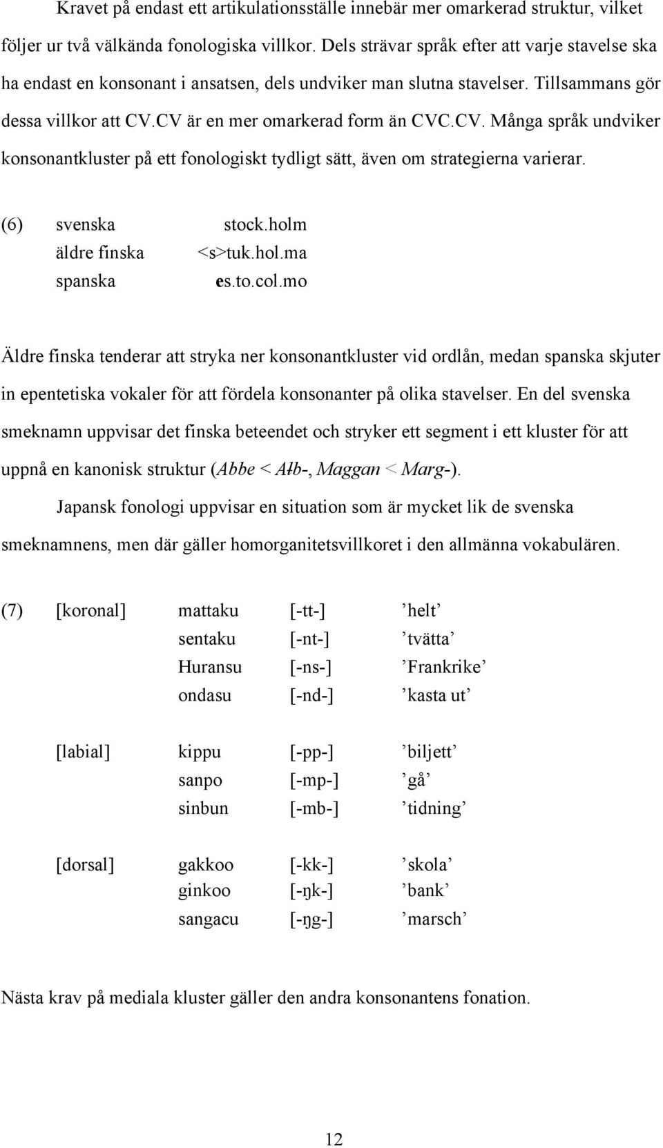 CV är en mer omarkerad form än CVC.CV. Många språk undviker konsonantkluster på ett fonologiskt tydligt sätt, även om strategierna varierar. (6) svenska stock.holm äldre finska <s>tuk.hol.ma spanska es.