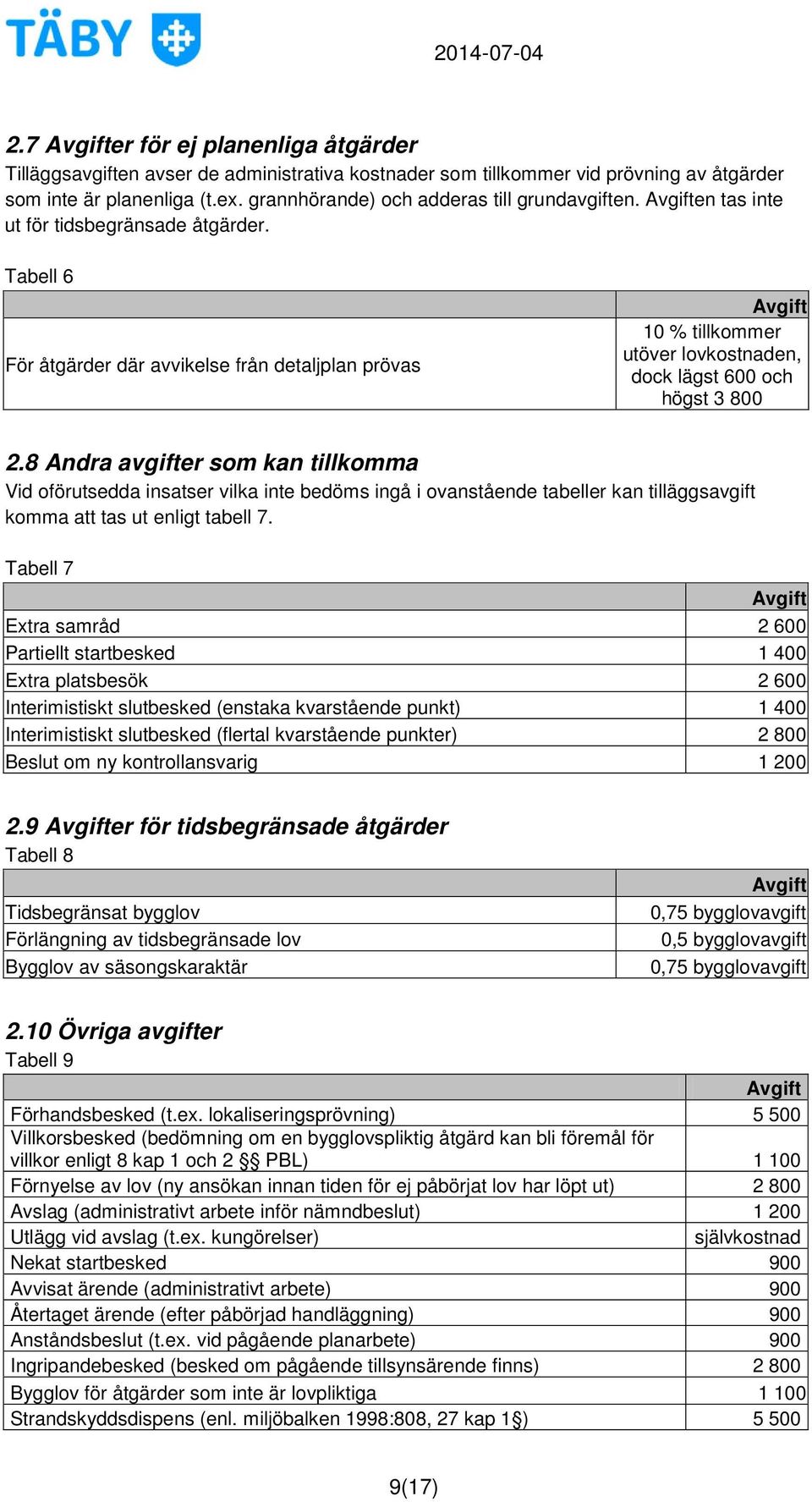 8 Andra avgifter som kan tillkomma Vid oförutsedda insatser vilka inte bedöms ingå i ovanstående tabeller kan tilläggsavgift komma att tas ut enligt tabell 7.