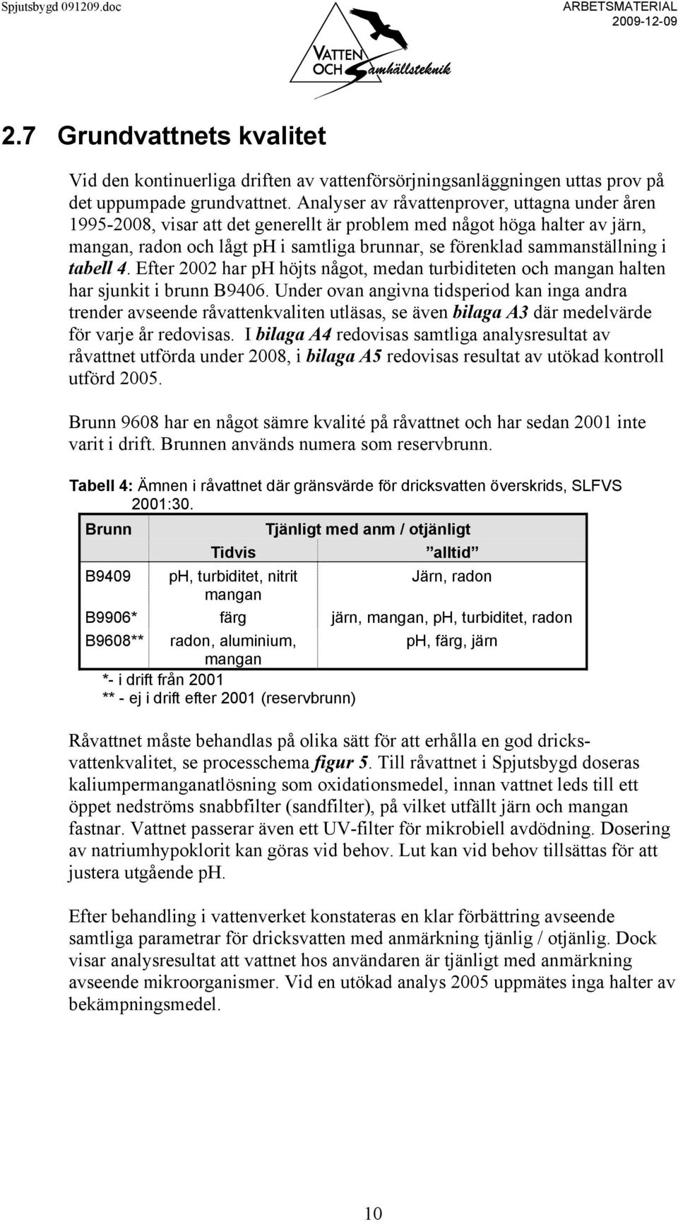 i tabell 4. Efter 2002 har ph höjts något, medan turbiditeten och mangan halten har sjunkit i brunn B9406.