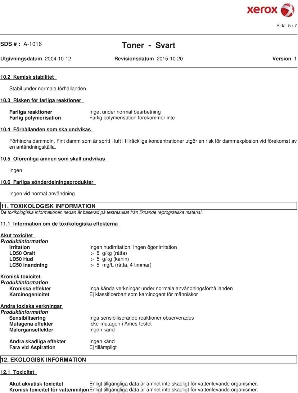 Fint damm som är spritt i luft i tillräckliga koncentrationer utgör en risk för dammexplosion vid förekomst av en antändningskälla. 10.5 Oförenliga ämnen som skall undvikas Ingen 10.