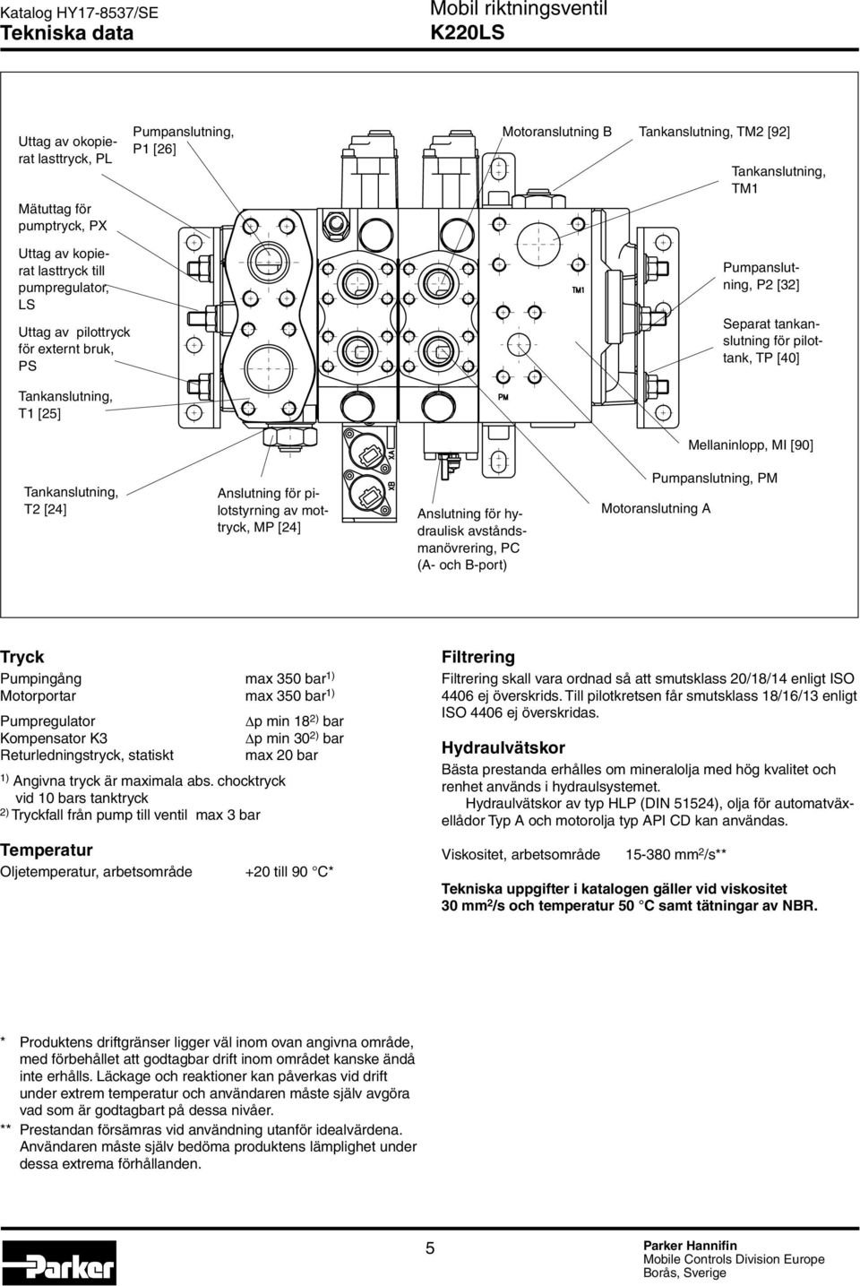 [24] Anslutning för pilotstyrning av mottryck, MP [24] D101870a Anslutning för hydraulisk avståndsmanövrering, PC (A- och B-port) Pumpanslut ning, PM Motoranslutning A Tryck Pumpingång max 350 bar 1)