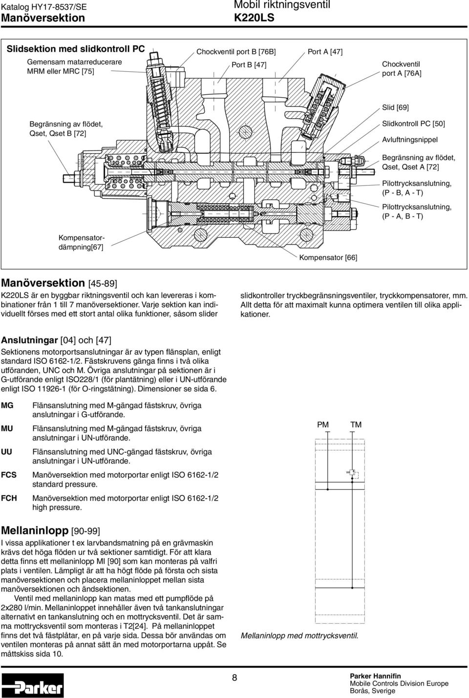 Kompensator [66] Manöversektion [45-89] är en byggbar riktningsventil och kan levereras i kombinationer från 1 till 7 manöversektioner.