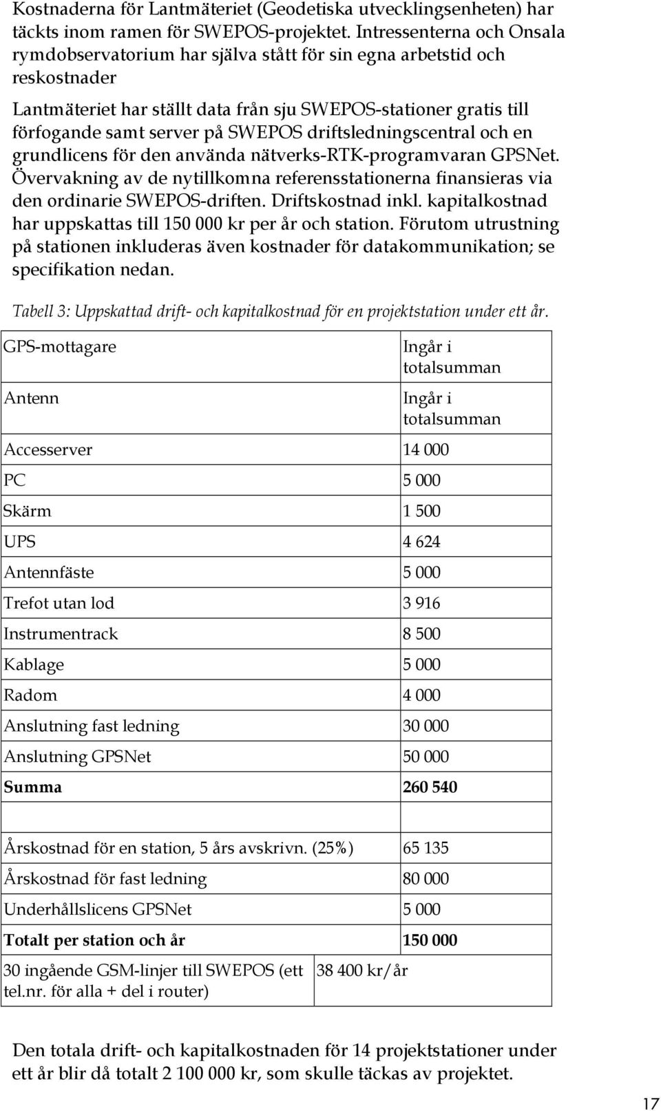 SWEPOS driftsledningscentral och en grundlicens för den använda nätverks-rtk-programvaran GPSNet. Övervakning av de nytillkomna referensstationerna finansieras via den ordinarie SWEPOS-driften.