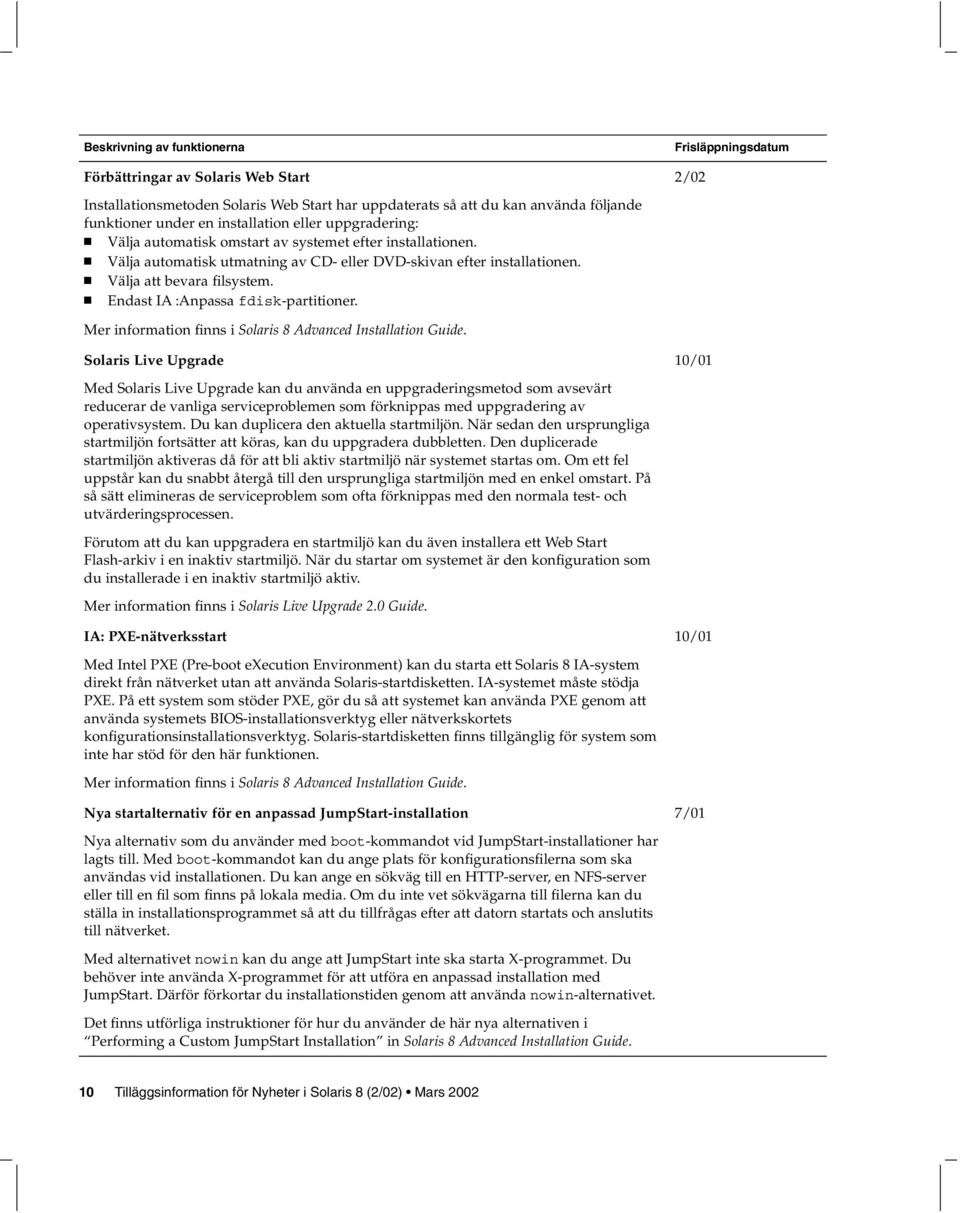 Endast IA :Anpassa fdisk-partitioner. 2/02 Mer information finns i Solaris 8 Advanced Installation Guide.