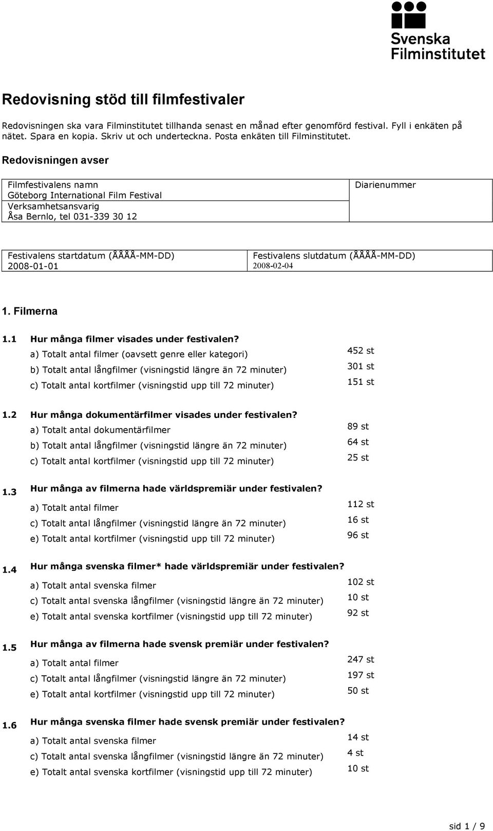 Redovisningen avser Filmfestivalens namn Göteborg International Film Festival Verksamhetsansvarig Åsa Bernlo, tel 031-339 30 12 Diarienummer Festivalens startdatum (ÅÅÅÅ-MM-DD) 2008-01-01 Festivalens