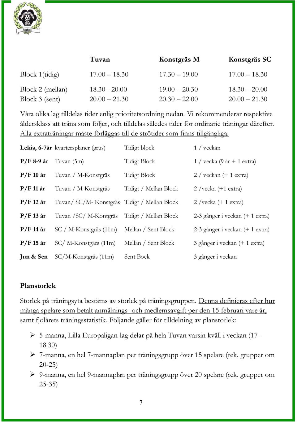 Vi rekommenderar respektive åldersklass att träna som följer, och tilldelas således tider för ordinarie träningar därefter.