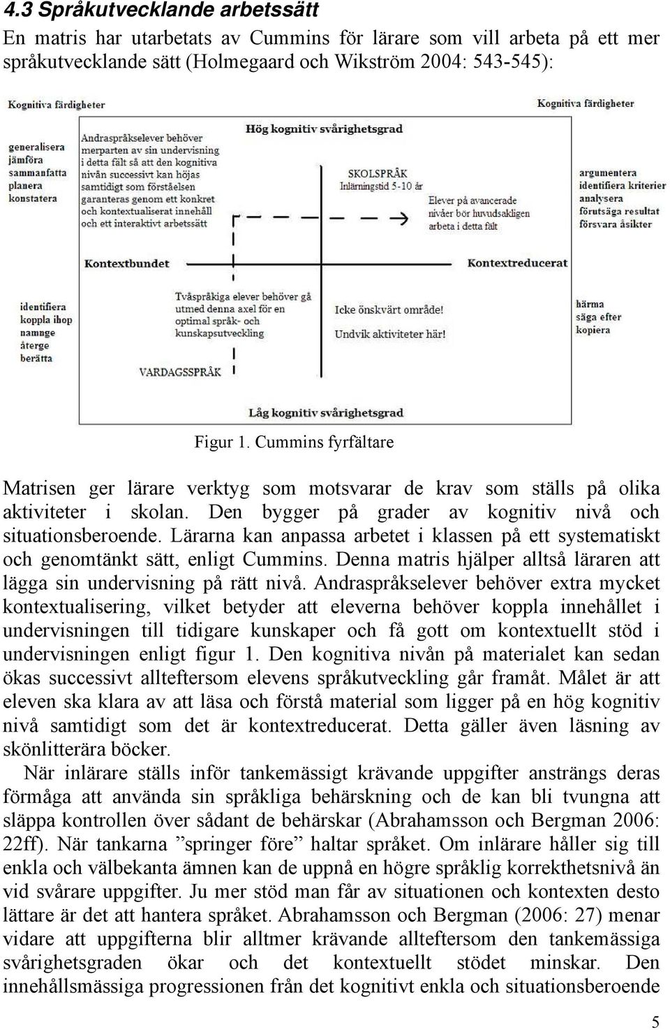 Lärarna kan anpassa arbetet i klassen på ett systematiskt och genomtänkt sätt, enligt Cummins. Denna matris hjälper alltså läraren att lägga sin undervisning på rätt nivå.