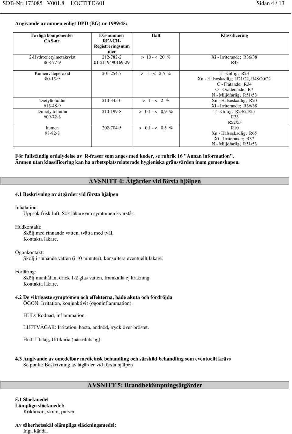 R43 Dietyltoluidin 613-48-9 Dimetyltoluidin 609-72-3 kumen 98-82-8 201-254-7 > 1 - < 2,5 % T - Giftig; R23 Xn - Hälsoskadlig; R21/22, R48/20/22 C - Frätande; R34 O - Oxiderande; R7 N - Miljöfarlig;