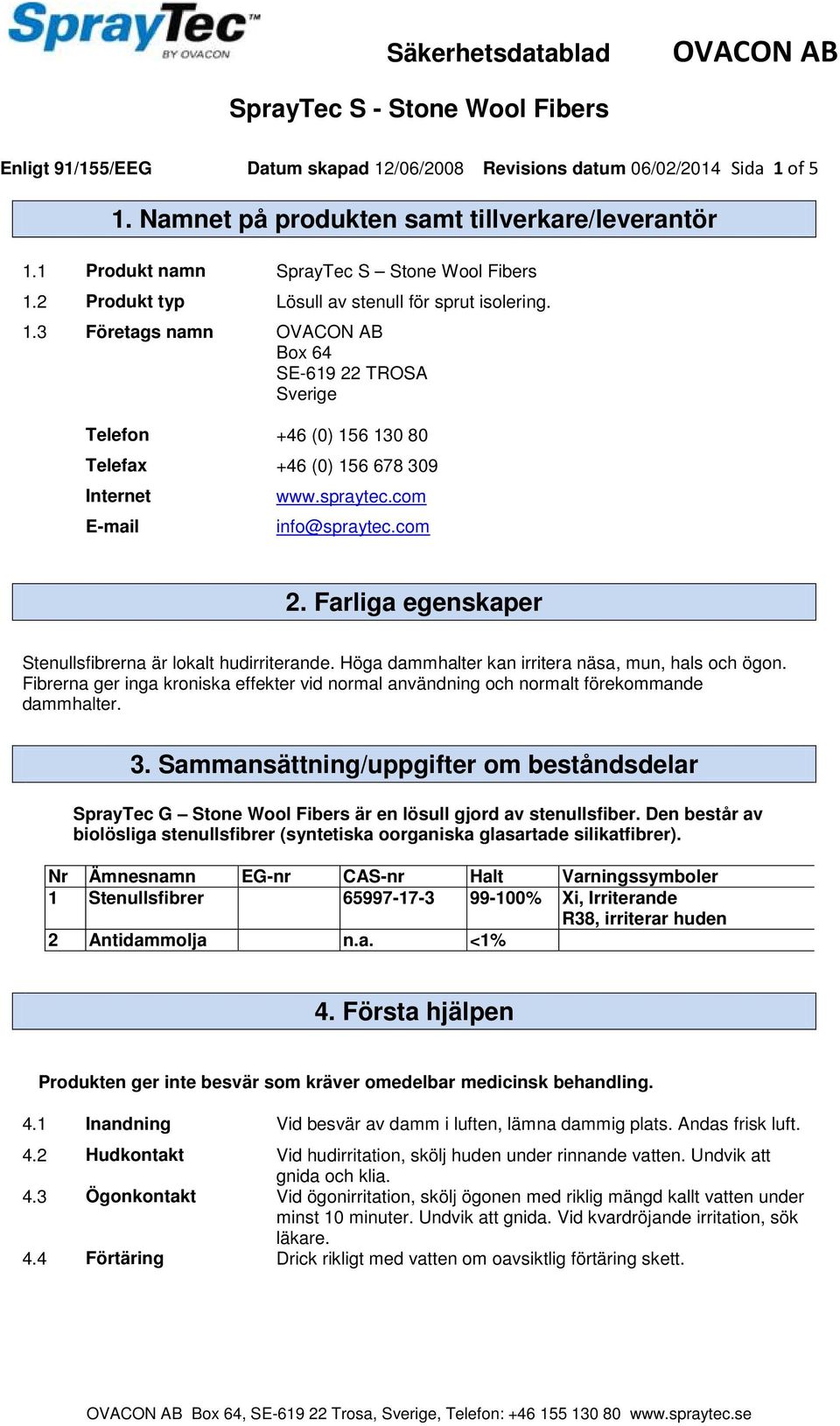 com info@spraytec.com 2. Farliga egenskaper Stenullsfibrerna är lokalt hudirriterande. Höga dammhalter kan irritera näsa, mun, hals och ögon.