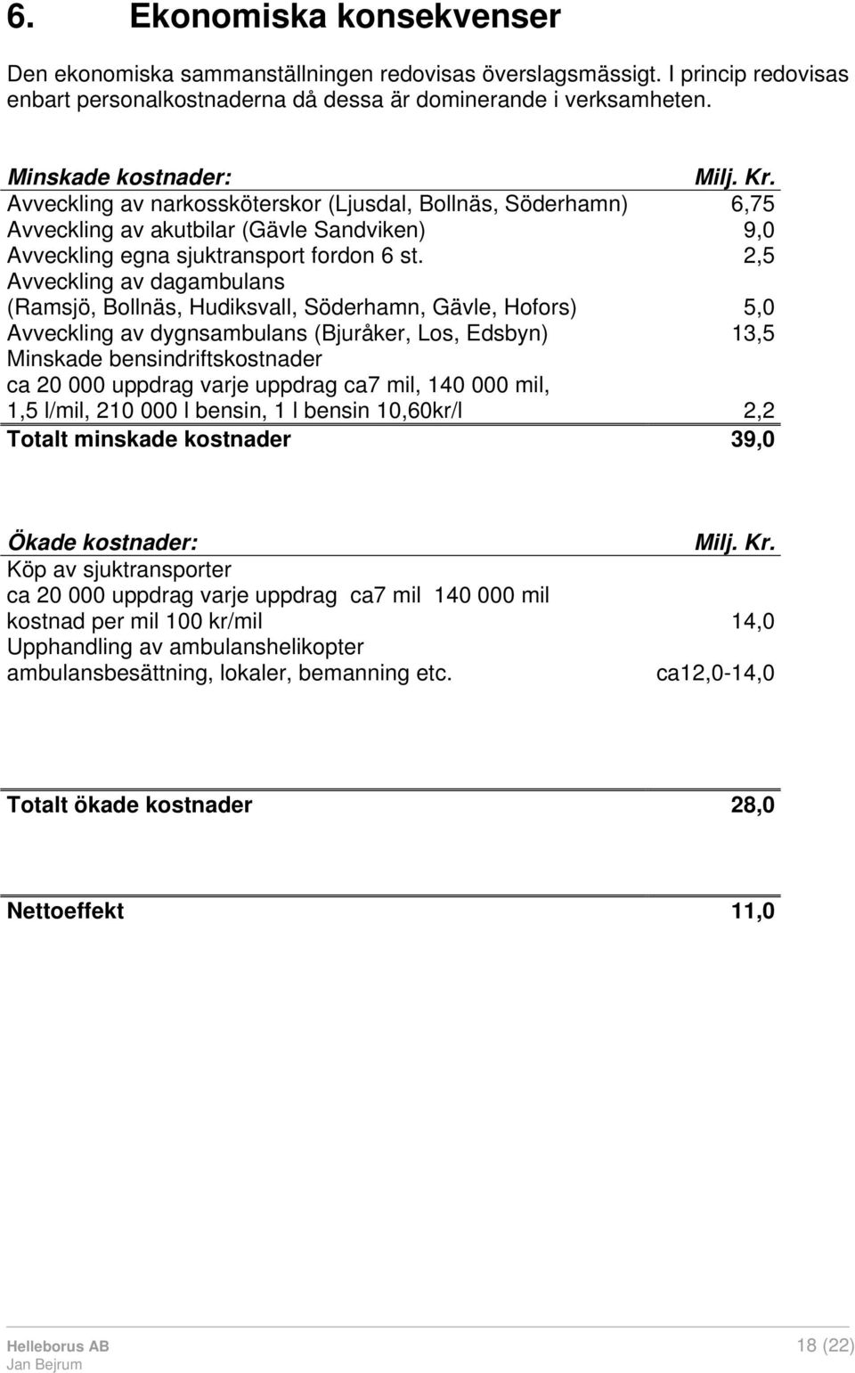 2,5 Avveckling av dagambulans (Ramsjö, Bollnäs, Hudiksvall, Söderhamn, Gävle, Hofors) 5,0 Avveckling av dygnsambulans (Bjuråker, Los, Edsbyn) 13,5 Minskade bensindriftskostnader ca 20 000 uppdrag