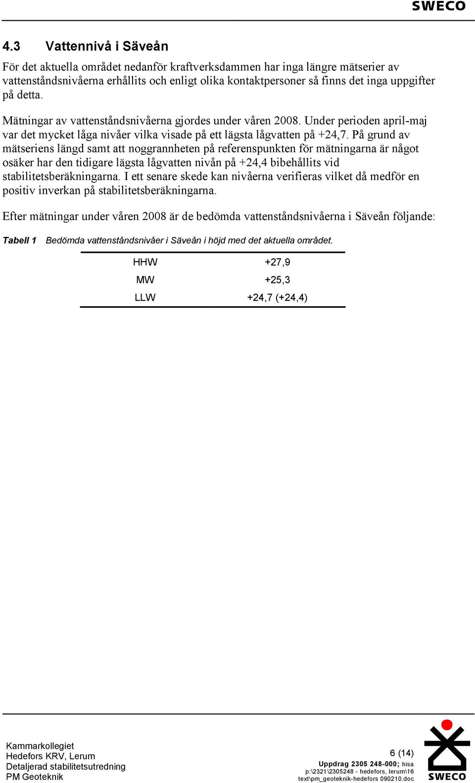 På grund av mätseriens längd samt att noggrannheten på referenspunkten för mätningarna är något osäker har den tidigare lägsta lågvatten nivån på +24,4 bibehållits vid stabilitetsberäkningarna.