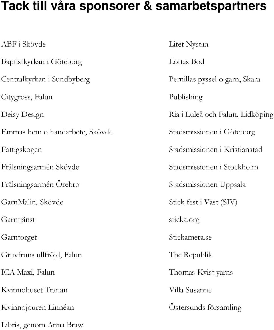 Linnéan Litet Nystan Lottas Bod Pernillas pyssel o garn, Skara Publishing Ria i Luleå och Falun, Lidköping Stadsmissionen i Göteborg Stadsmissionen i Kristianstad