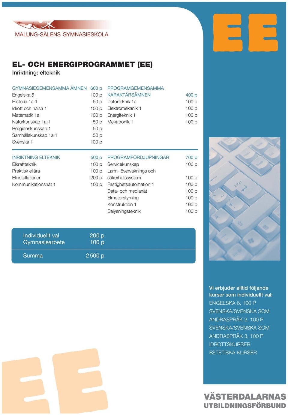 p PROGRAMFÖRDJUPNINGAR Servicekunskap Larm- övervaknings och säkerhetssystem Fastighetsautomation 1 Data- och medianät Elmotorstyrning Konstruktion 1 Belysningsteknik 700 p Individuellt val