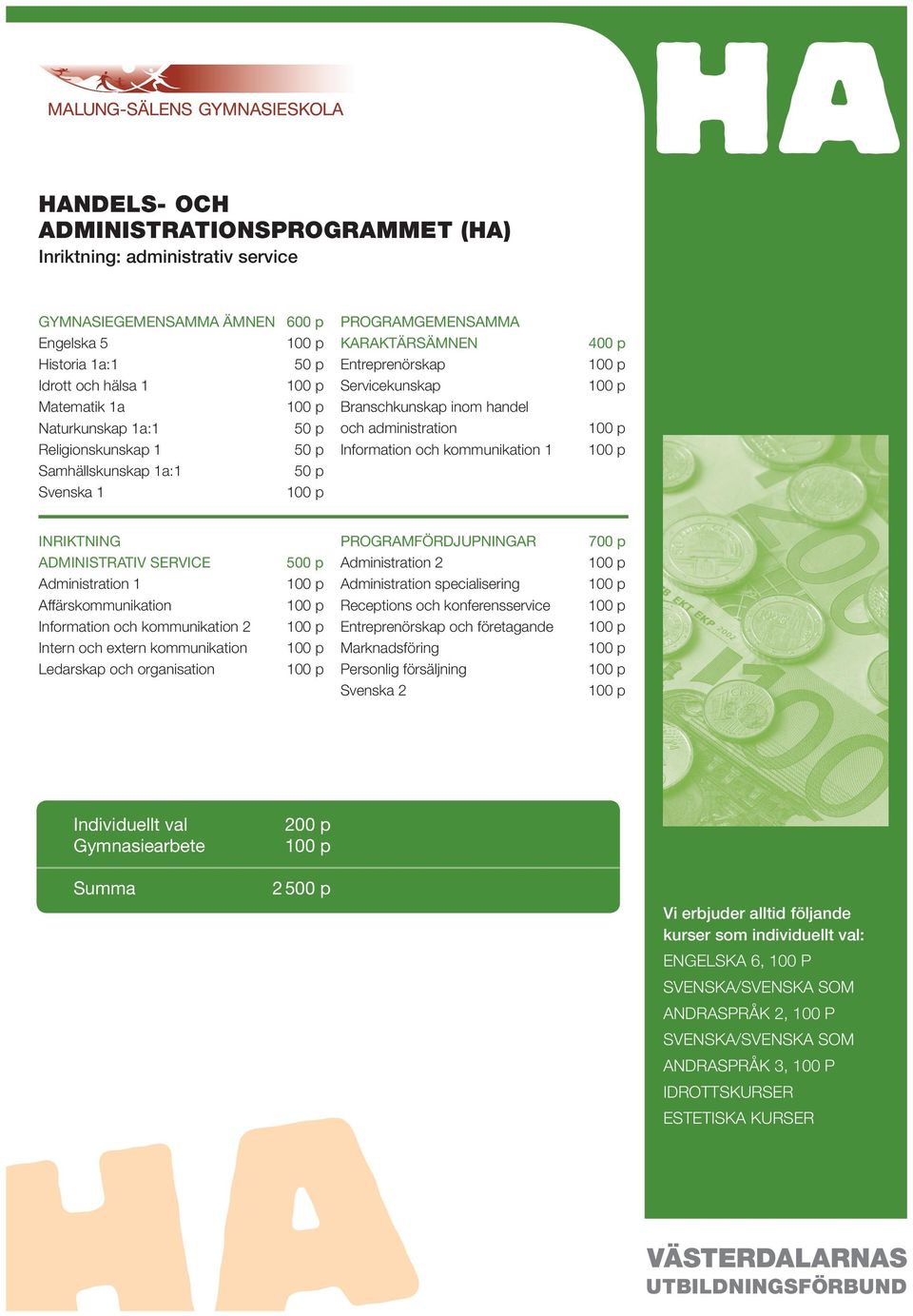 INRIKTNING ADMINISTRATIV SERVICE Administration 1 Affärskommunikation Information och kommunikation 2 Intern och extern kommunikation Ledarskap och organisation 500 p PROGRAMFÖRDJUPNINGAR