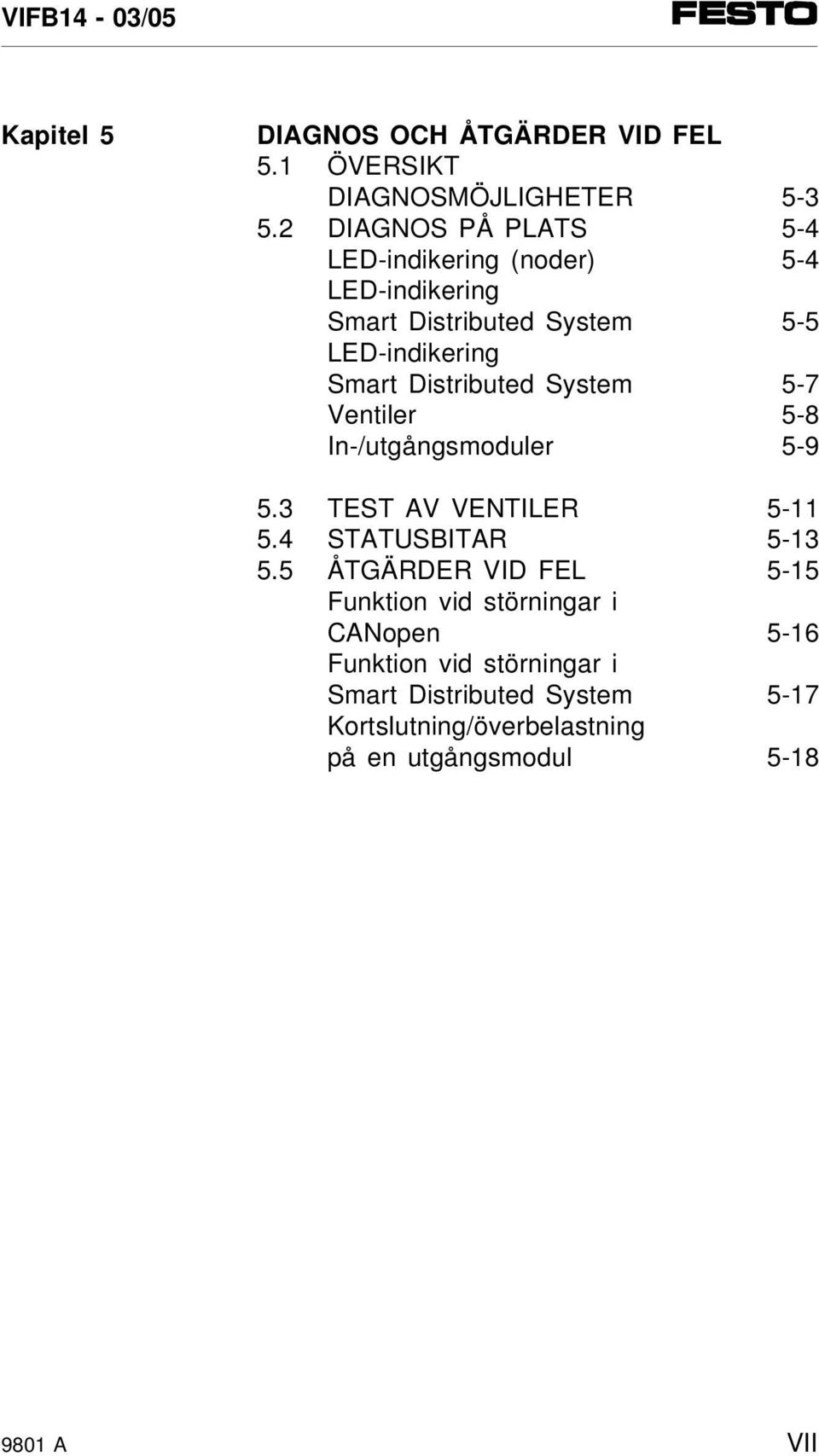 Distributed System 5-7 Ventiler 5-8 In-/utgångsmoduler 5-9 5.3 TEST AV VENTILER 5-11 5.4 STATUSBITAR 5-13 5.