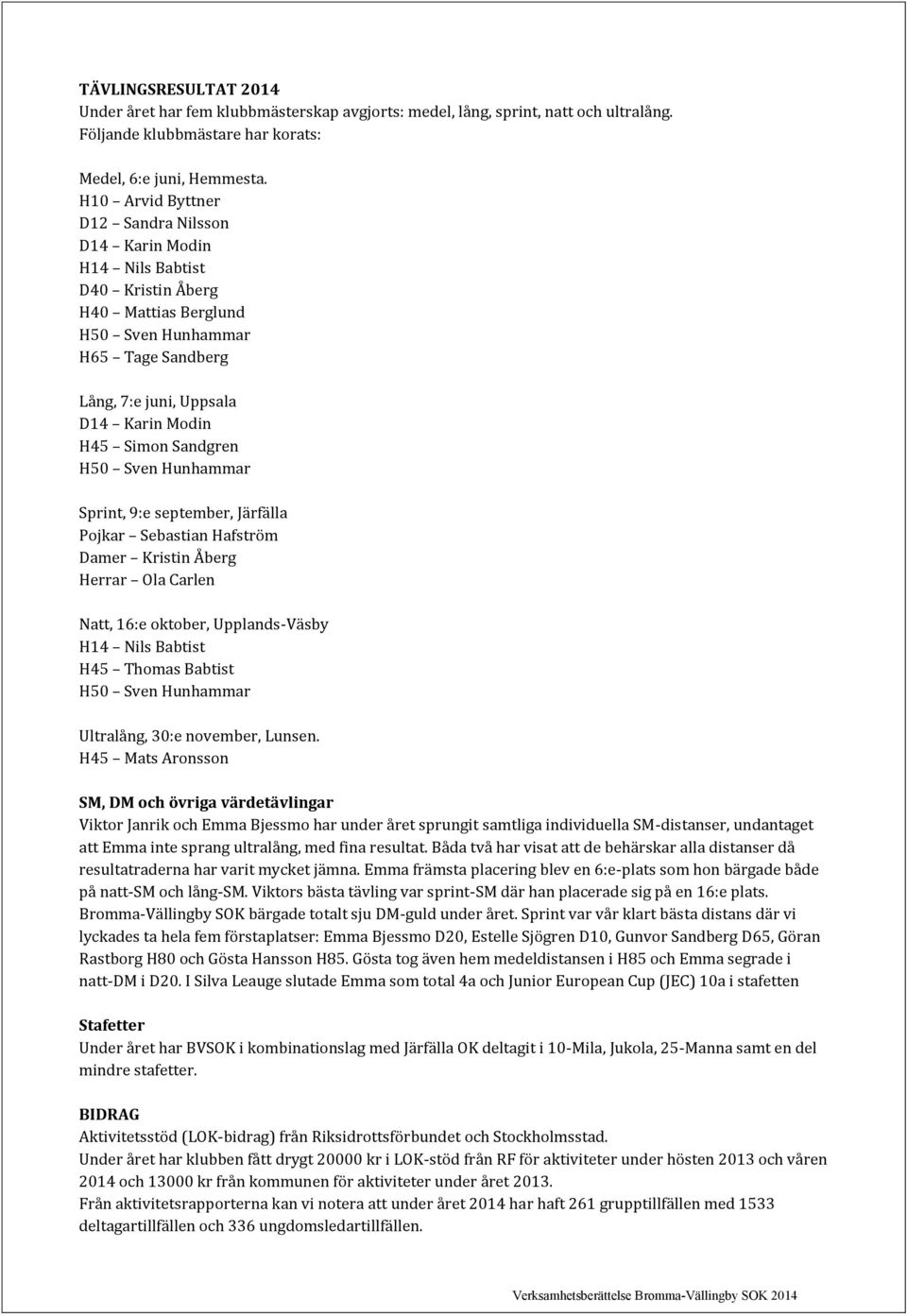 Sandgren H50 Sven Hunhammar Sprint, 9:e september, Järfälla Pojkar Sebastian Hafström Damer Kristin Åberg Herrar Ola Carlen Natt, 16:e oktober, Upplands-Väsby H14 Nils Babtist H45 Thomas Babtist H50