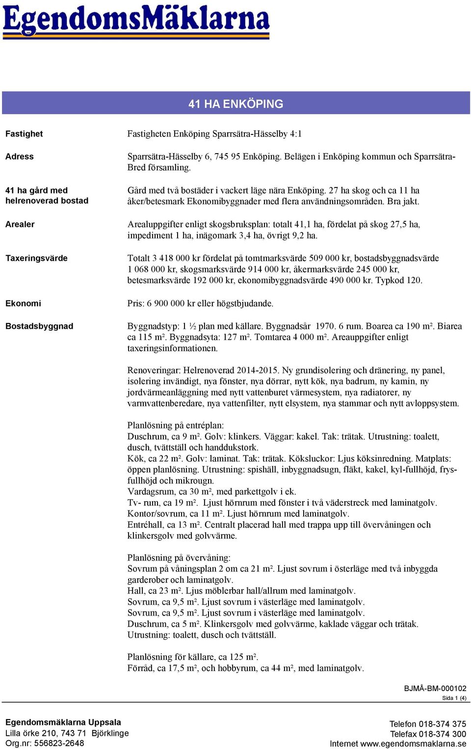 Bra jakt. Arealuppgifter enligt skogsbruksplan: totalt 41,1 ha, fördelat på skog 27,5 ha, impediment 1 ha, inägomark 3,4 ha, övrigt 9,2 ha.