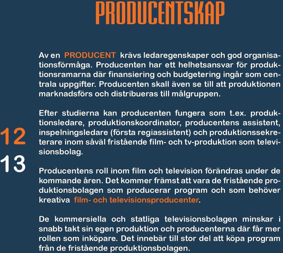 Producenten skall även se till att produktionen marknadsförs och distribueras till målgruppen. 12 13 Efter studierna kan producenten fungera som t.ex.