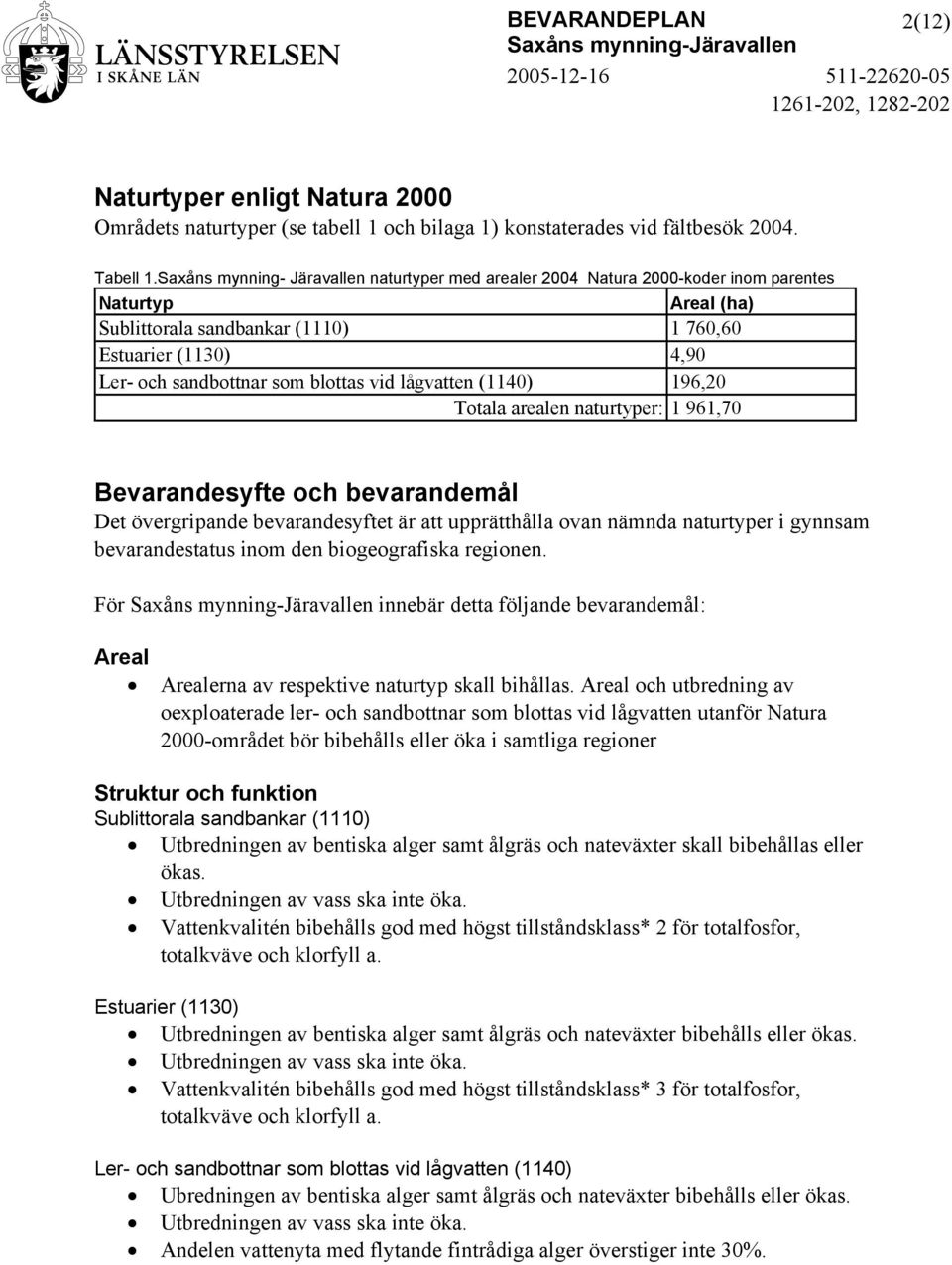 blottas vid lågvatten (1140) 196,20 Totala arealen naturtyper: 1 961,70 Bevarandesyfte och bevarandemål Det övergripande bevarandesyftet är att upprätthålla ovan nämnda naturtyper i gynnsam