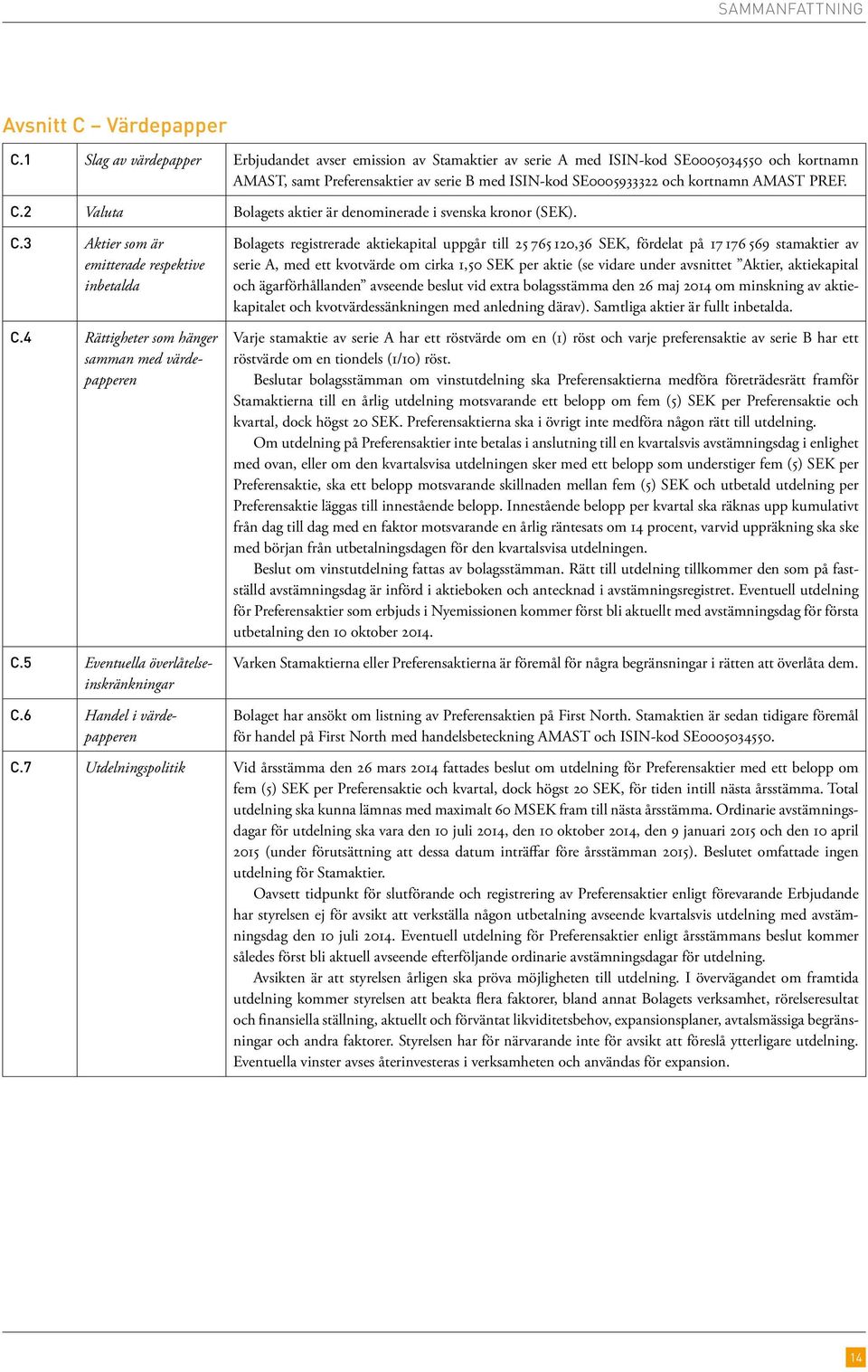 PREF. C.2 Valuta Bolagets aktier är denominerade i svenska kronor (SEK). C.3 Aktier som är emitterade respektive inbetalda C.4 Rättigheter som hänger samman med värdepapperen C.