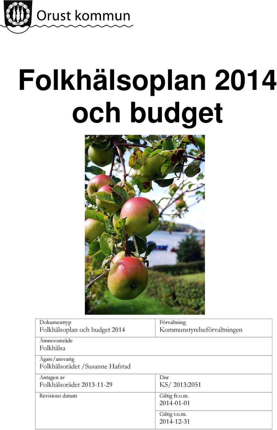 Antagen av Folkhälsorådet 2013-11-29 Revisions datum Förvaltning