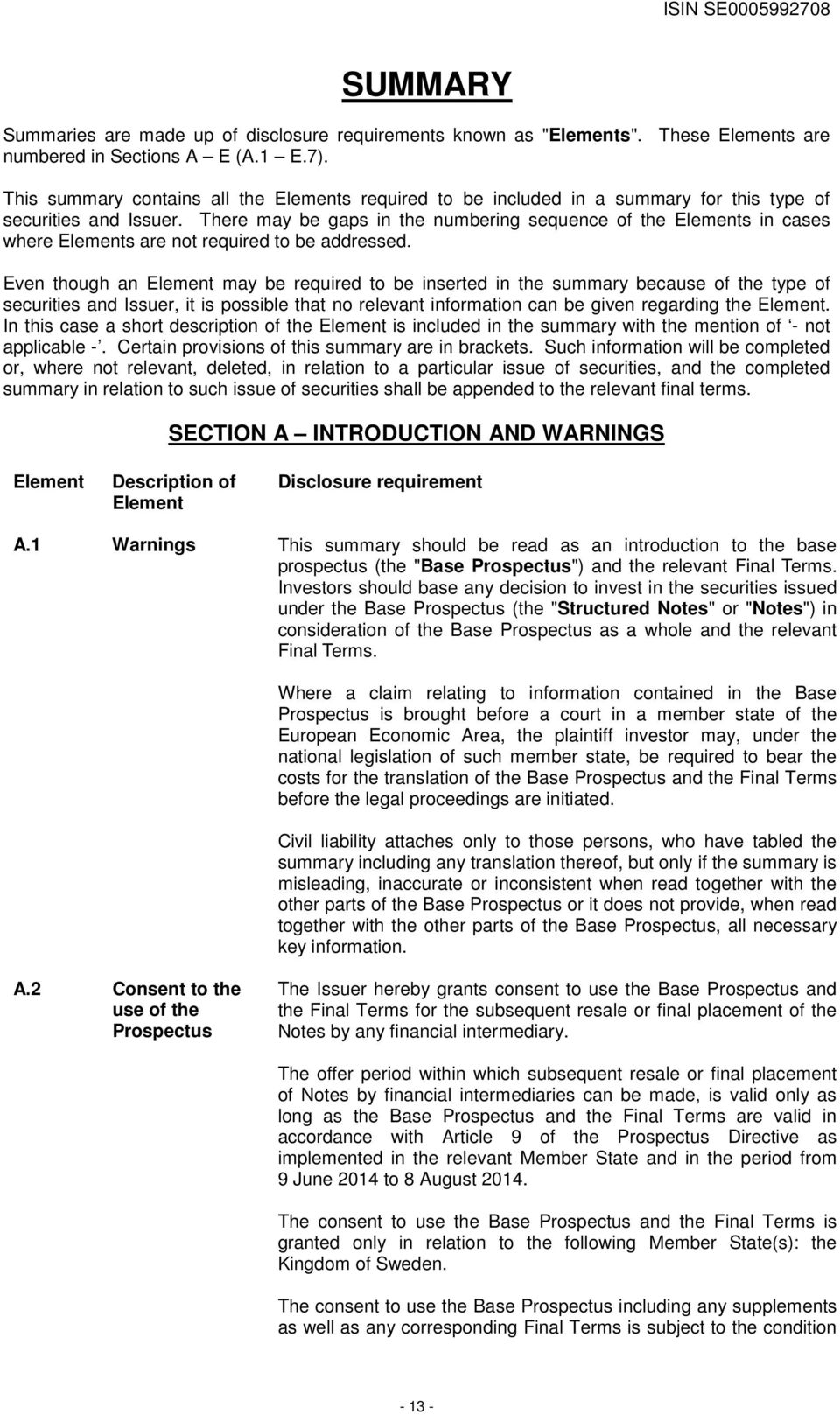 There may be gaps in the numbering sequence of the Elements in cases where Elements are not required to be addressed.