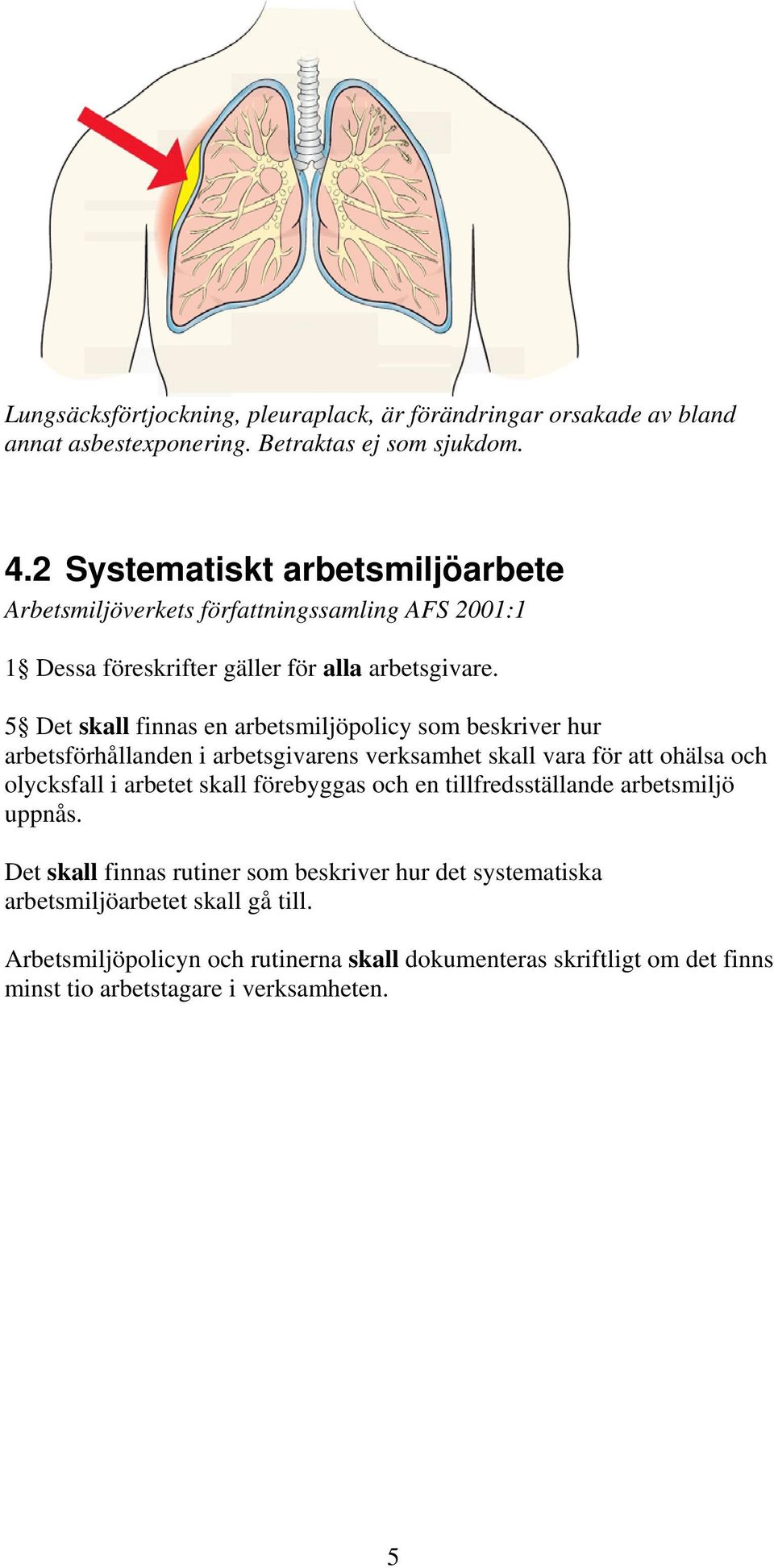 5 Det skall finnas en arbetsmiljöpolicy som beskriver hur arbetsförhållanden i arbetsgivarens verksamhet skall vara för att ohälsa och olycksfall i arbetet skall