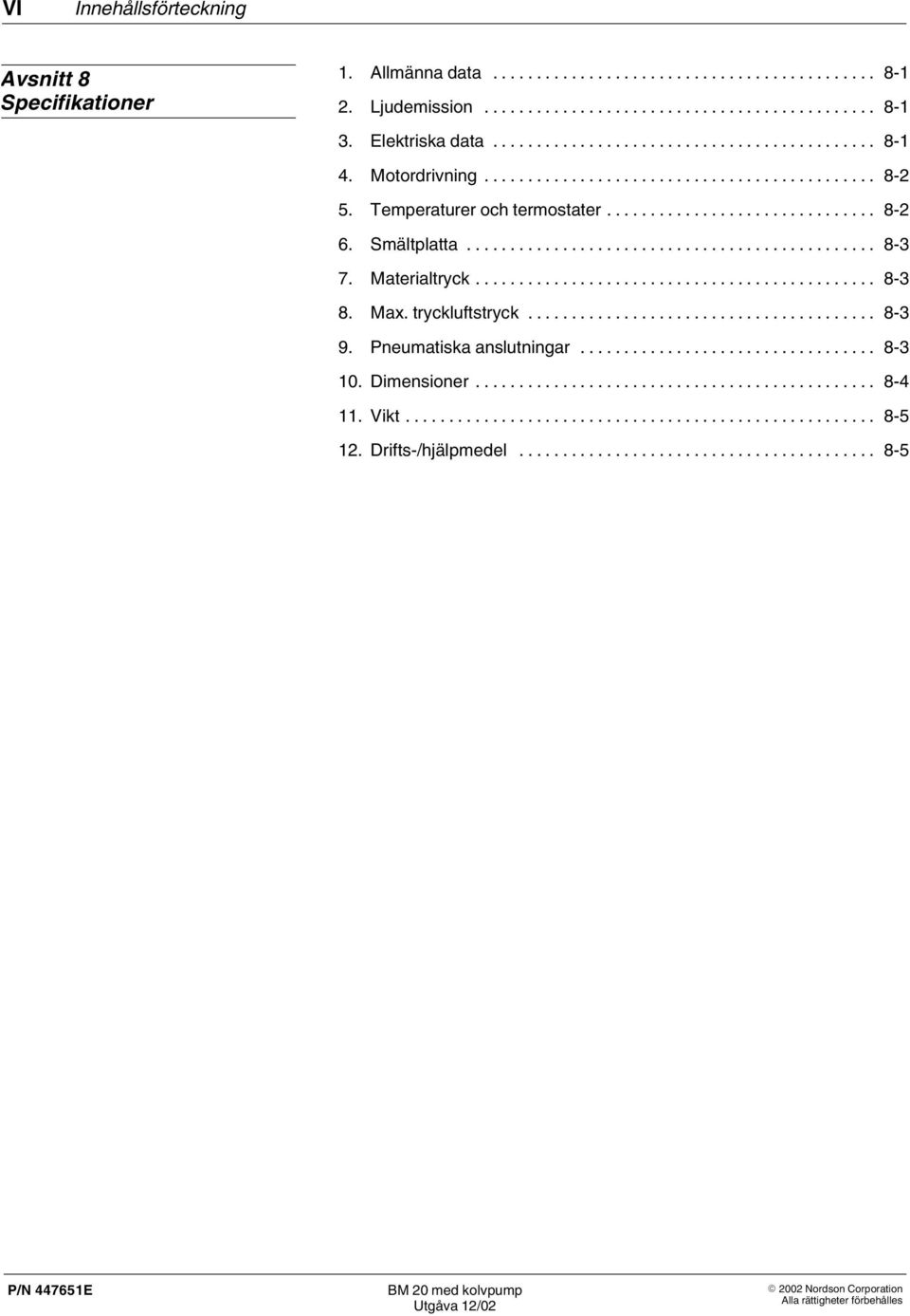 .. 8 2 6. Smältplatta... 8 3 7. Materialtryck... 8 3 8. Max. tryckluftstryck... 8 3 9.