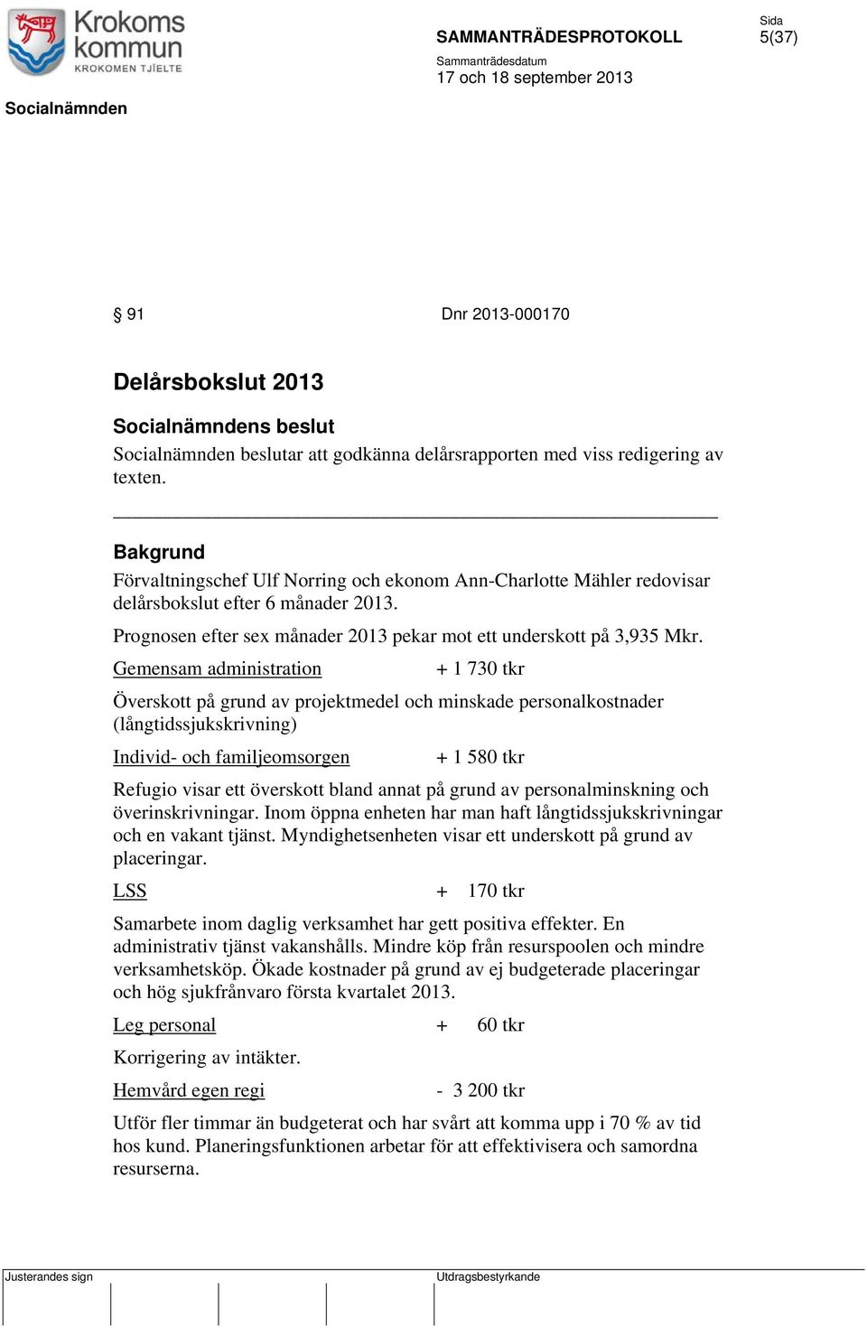 Gemensam administration + 1 730 tkr Överskott på grund av projektmedel och minskade personalkostnader (långtidssjukskrivning) Individ- och familjeomsorgen + 1 580 tkr Refugio visar ett överskott