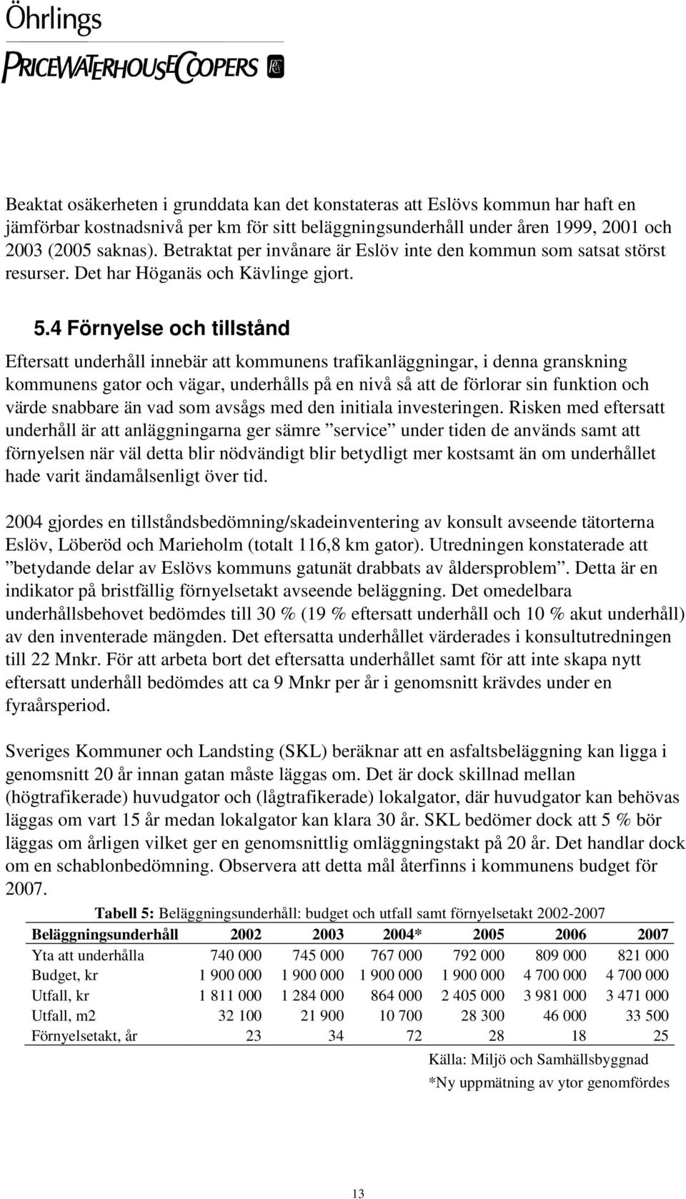 4 Förnyelse och tillstånd Eftersatt underhåll innebär att kommunens trafikanläggningar, i denna granskning kommunens gator och vägar, underhålls på en nivå så att de förlorar sin funktion och värde