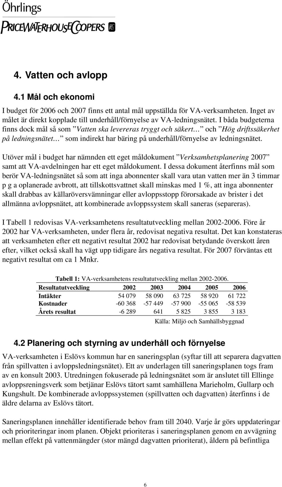 Utöver mål i budget har nämnden ett eget måldokument Verksamhetsplanering 2007 samt att VA-avdelningen har ett eget måldokument.