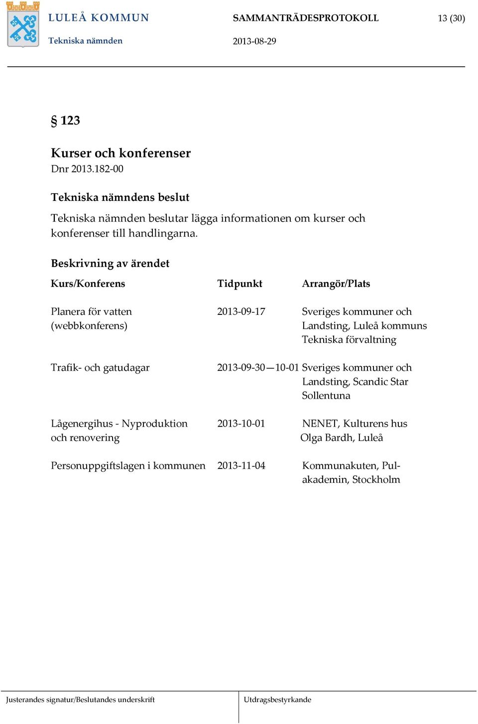 Beskrivning av ärendet Kurs/Konferens Tidpunkt Arrangör/Plats Planera för vatten 2013 09 17 Sveriges kommuner och (webbkonferens) Landsting, Luleå kommuns