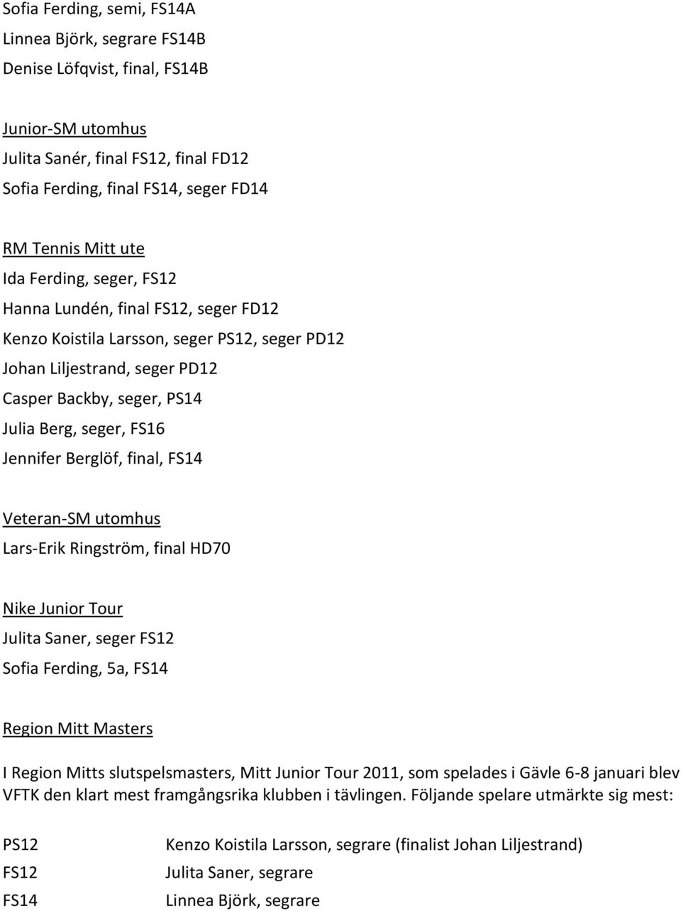 Berglöf, final, FS14 Veteran-SM utomhus Lars-Erik Ringström, final HD70 Nike Junior Tour Julita Saner, seger FS12 Sofia Ferding, 5a, FS14 Region Mitt Masters I Region Mitts slutspelsmasters, Mitt