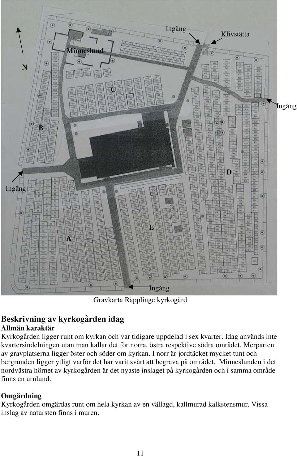 Merparten av gravplatserna ligger öster och söder om kyrkan. I norr är jordtäcket mycket tunt och bergrunden ligger ytligt varför det har varit svårt att begrava på området.