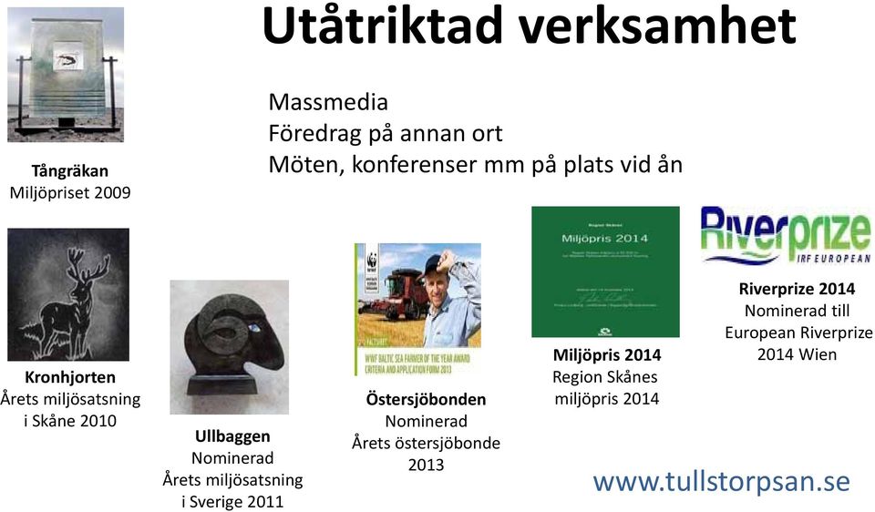 Årets miljösatsning i Sverige 2011 Östersjöbonden Nominerad Årets östersjöbonde 2013 Miljöpris