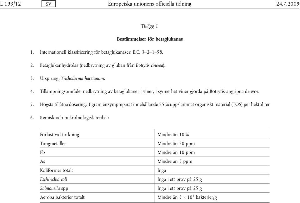 Högsta tillåtna dosering: 3 gram enzympreparat innehållande 25 % uppslammat organiskt material (TOS) per hektoliter 6.