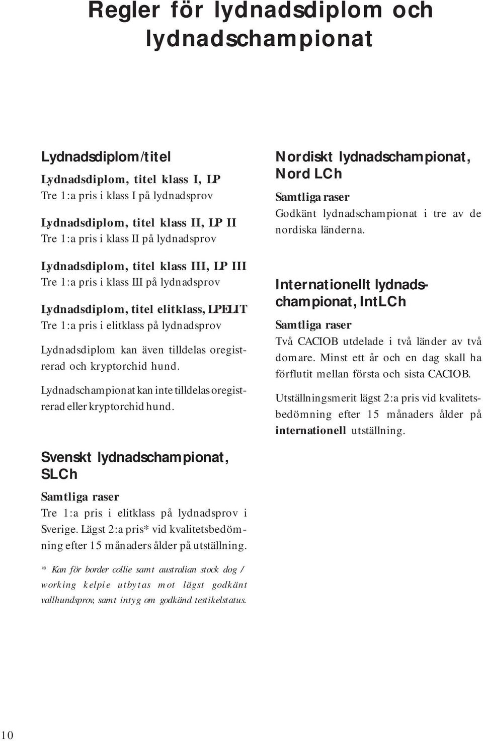tilldelas oregistrerad och kryptorchid hund. Lydnadschampionat kan inte tilldelas oregistrerad eller kryptorchid hund.
