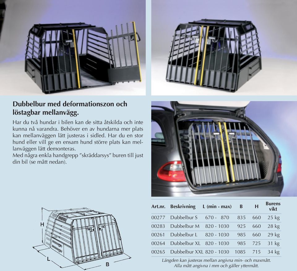 Med några enkla handgrepp skräddarsys buren till just din bil (se mått nedan). Art.nr.