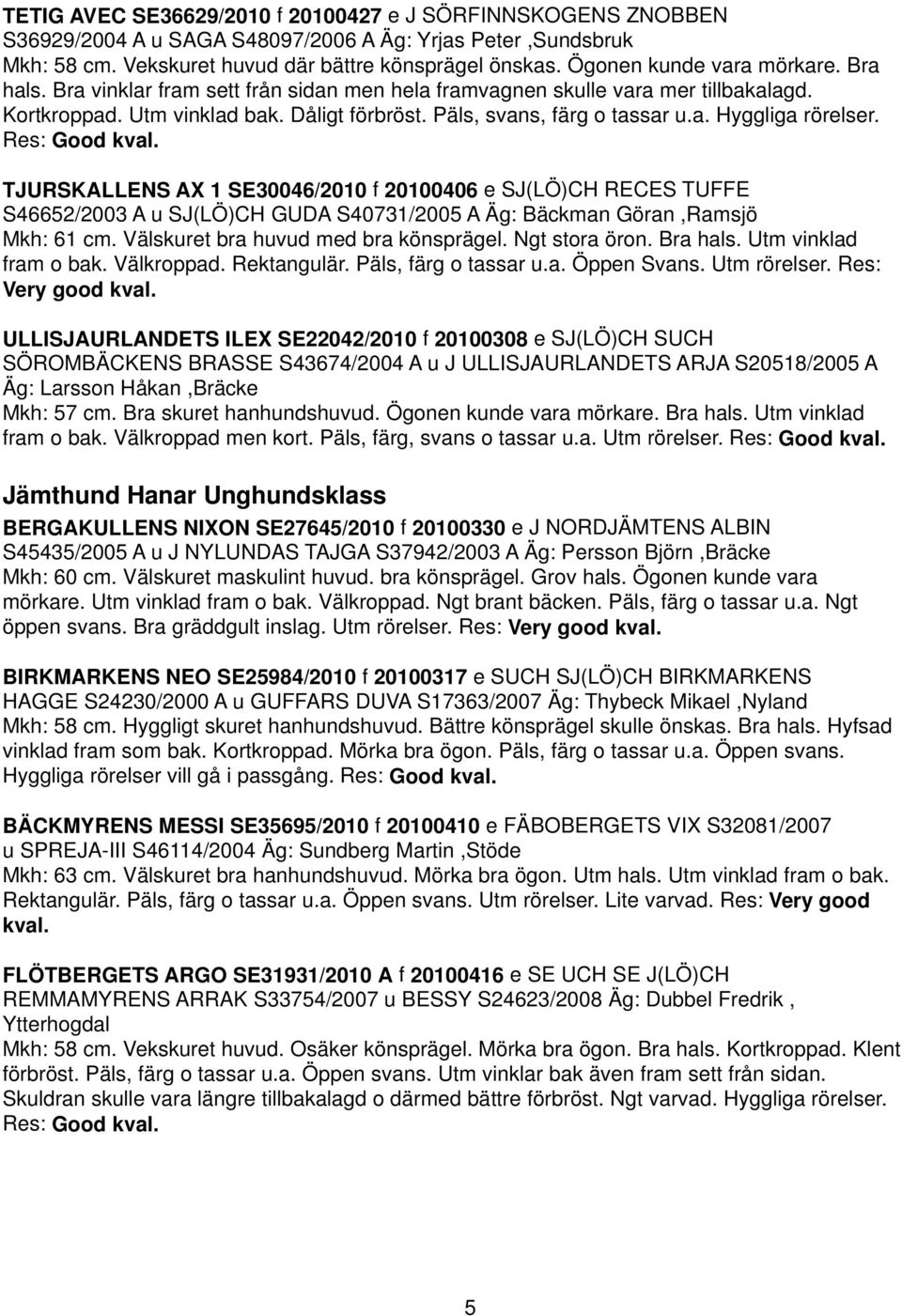 Res: Good TJURSKALLENS AX 1 SE30046/2010 f 20100406 e SJ(LÖ)CH RECES TUFFE S46652/2003 A u SJ(LÖ)CH GUDA S40731/2005 A Äg: Bäckman Göran,Ramsjö Mkh: 61 cm. Välskuret bra huvud med bra könsprägel.