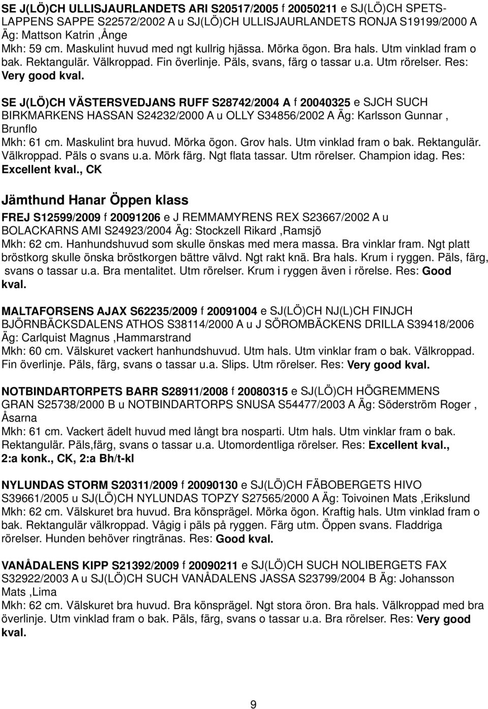 Res: Very good SE J(LÖ)CH VÄSTERSVEDJANS RUFF S28742/2004 A f 20040325 e SJCH SUCH BIRKMARKENS HASSAN S24232/2000 A u OLLY S34856/2002 A Äg: Karlsson Gunnar, Brunflo Mkh: 61 cm. Maskulint bra huvud.