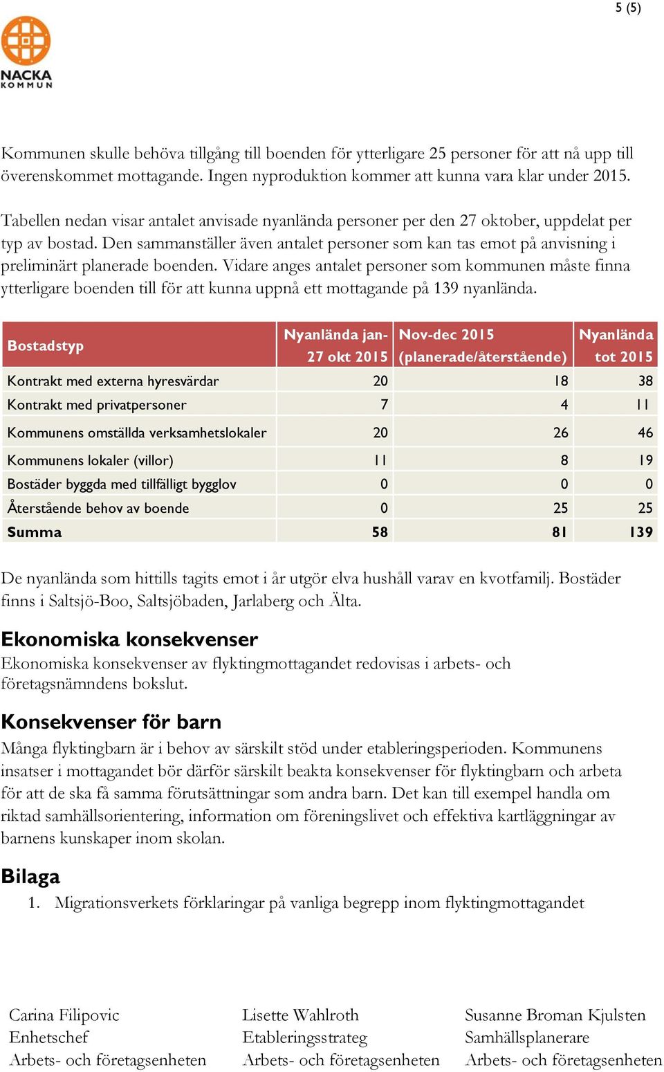 Den sammanställer även antalet personer som kan tas emot på anvisning i preliminärt planerade boenden.