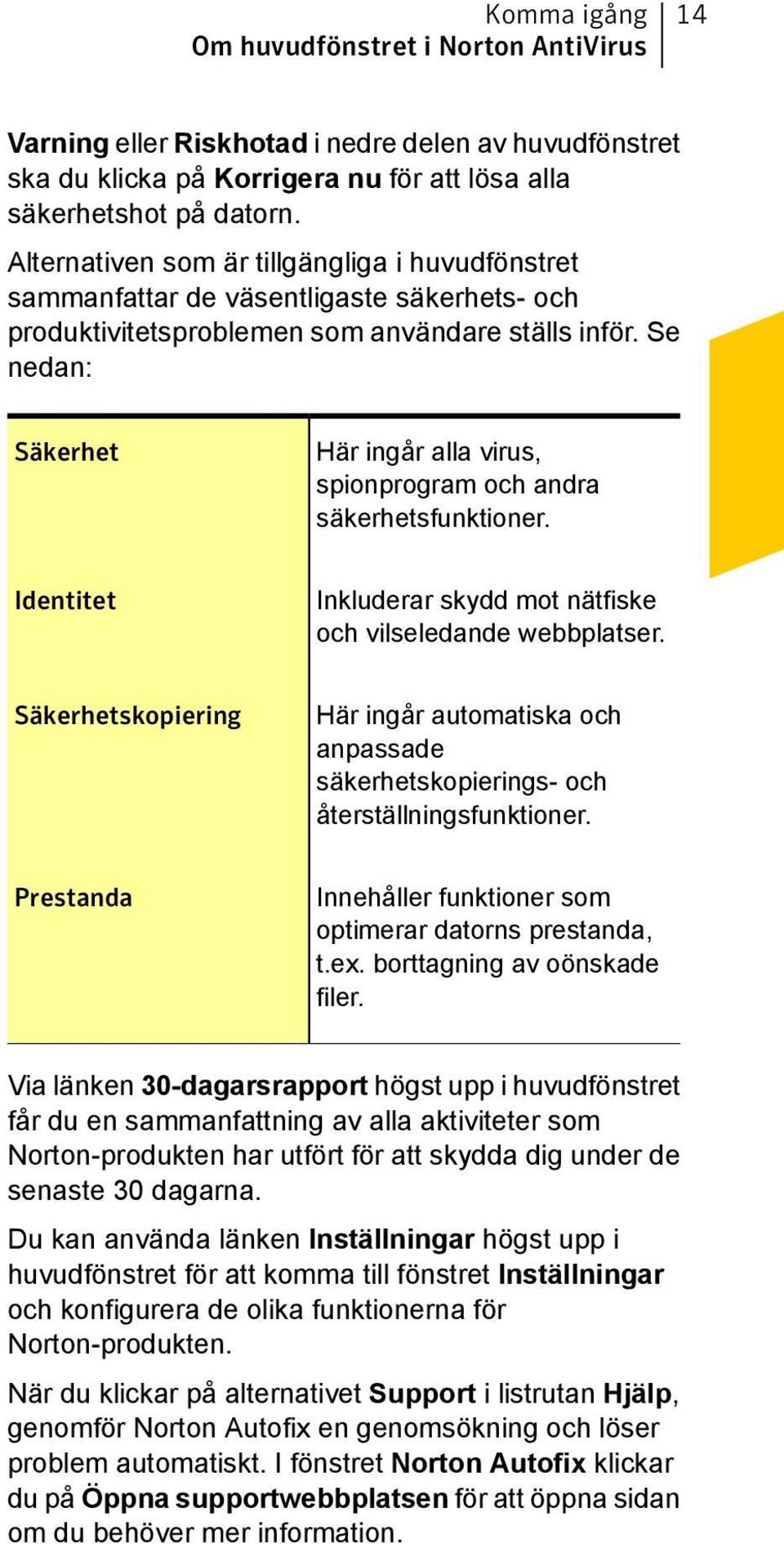 Se nedan: Säkerhet Här ingår alla virus, spionprogram och andra säkerhetsfunktioner. Identitet Inkluderar skydd mot nätfiske och vilseledande webbplatser.