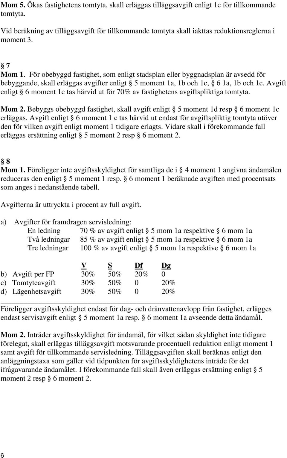 För obebyggd fastighet, som enligt stadsplan eller byggnadsplan är avsedd för bebyggande, skall erläggas avgifter enligt 5 moment 1a, 1b och 1c, 6 1a, 1b och 1c.