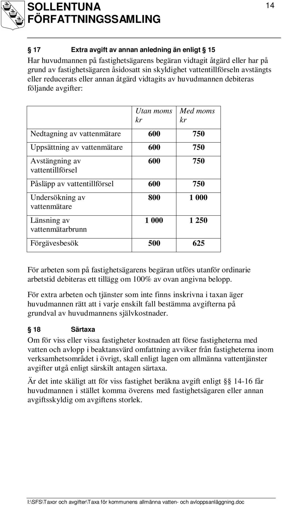 Avstängning av vattentillförsel 600 750 Påsläpp av vattentillförsel 600 750 Undersökning av vattenmätare Länsning av vattenmätarbrunn 800 1 000 1 000 1 250 Förgävesbesök 500 625 För arbeten som på