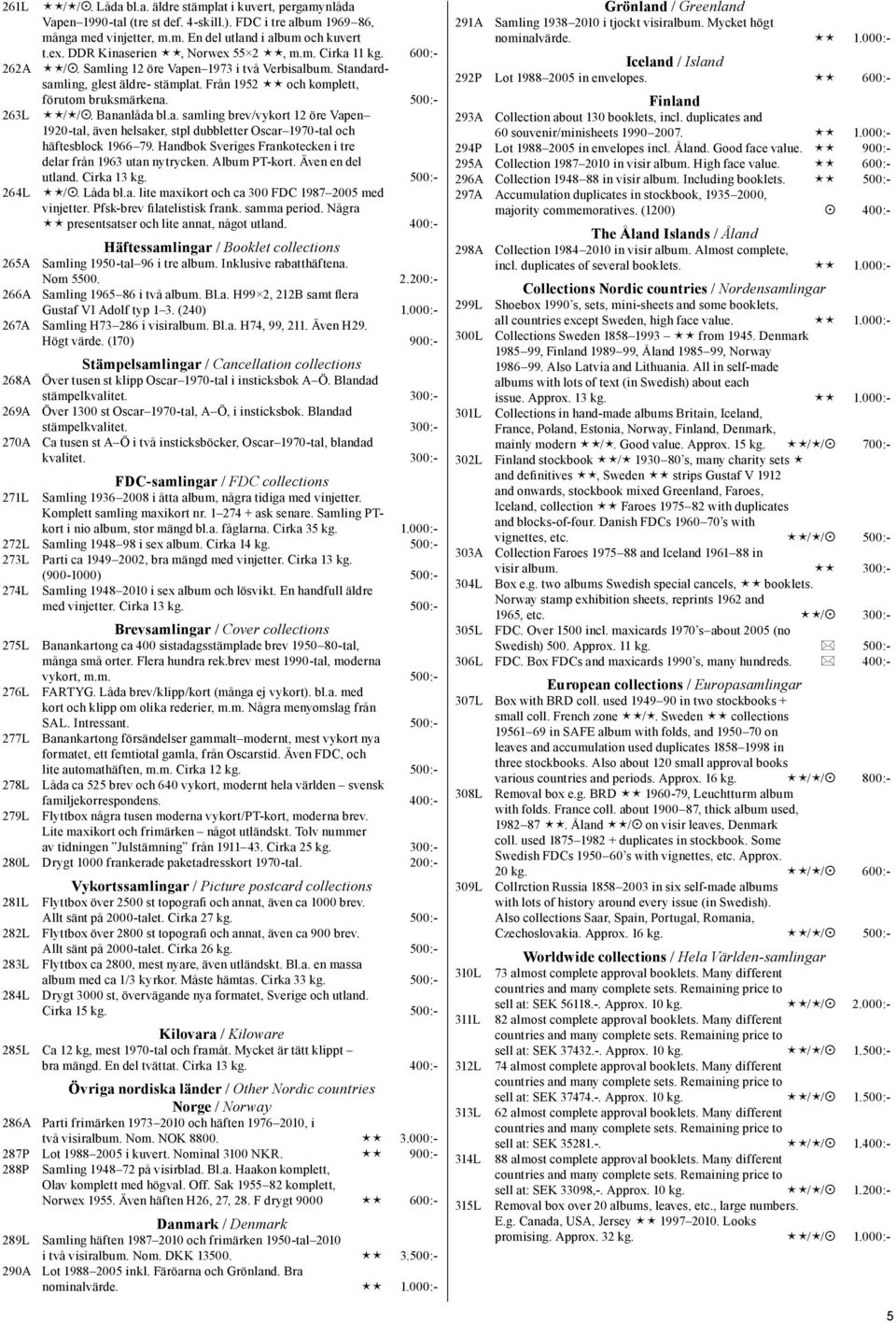 500:- 263L / /. Bananlåda bl.a. samling brev/vykort 12 öre Vapen 1920-tal, även helsaker, stpl dubbletter Oscar 1970-tal och häftesblock 1966 79.