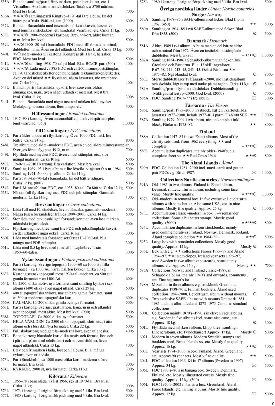 Bananlåda med tusentals märken i kuvert, kassetter med tomma instickskort, ett hundratal Visirblad, etc. Cirka 11 kg. 500:- 538L / / 1900 modernt i kartong. Brev, vykort, äldre buntar, 539L m.m. Mest bra kval.