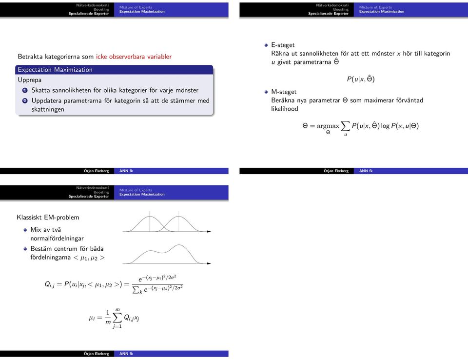 M-steget Beräkna nya parametrar Θ som maximerar förväntad likelihood Θ = argmax Θ P(u x, ˆΘ) log P(x, u Θ) u Klassiskt EM-problem Mix av två