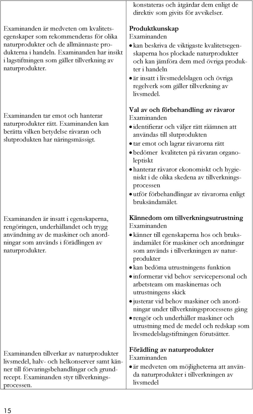 är insatt i egenskaperna, rengöringen, underhållandet och trygg användning av de maskiner och anordningar som används i förädlingen av naturprodukter.