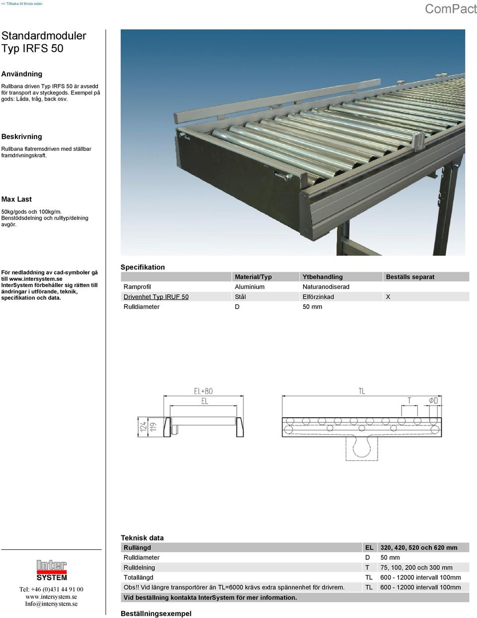 Material/Typ Ytbehandling Beställs separat Ramprofil Aluminium Naturanodiserad Drivenhet Typ IRUF 50 Stål Elförzinkad X Rulldiameter D 50 Rullängd EL 320, 420,